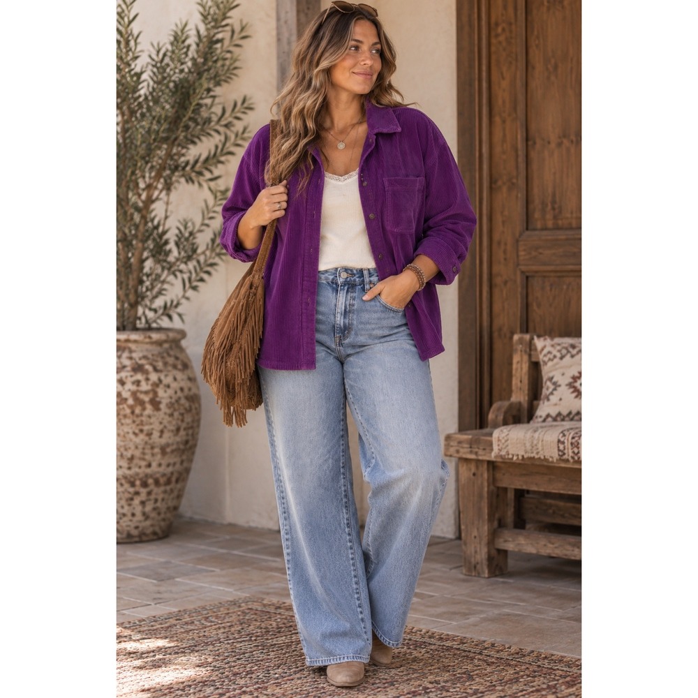 LL Bean Womens 2X Purple Corduroy Button Down Shirt Long Sleeve Cotton